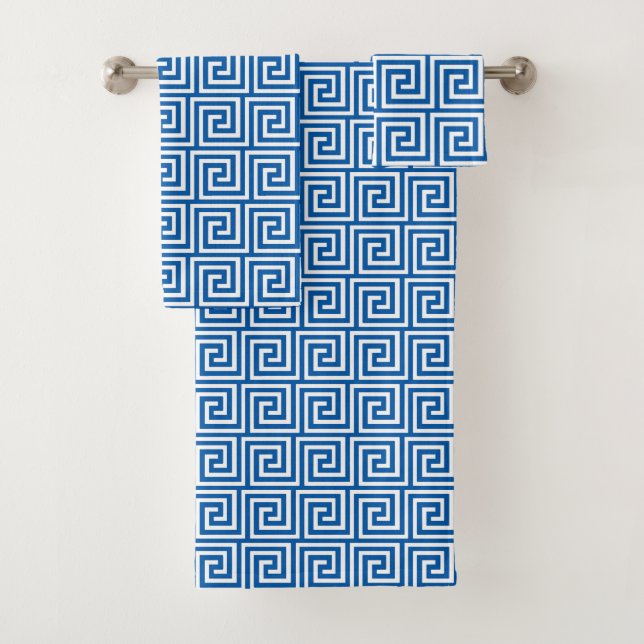 Greek Key Pattern, Cerulean Blue and White Bath To Towel Set (Insitu)
