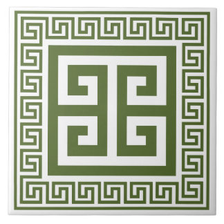 Greek Key Pattern Dark Olive Green Ceramic Tile