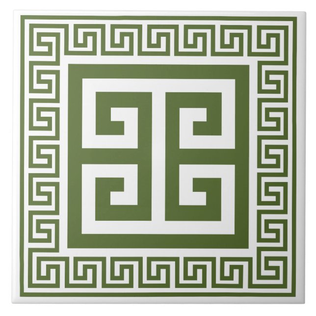 Greek Key Pattern Dark Olive Green Ceramic Tile (Front)
