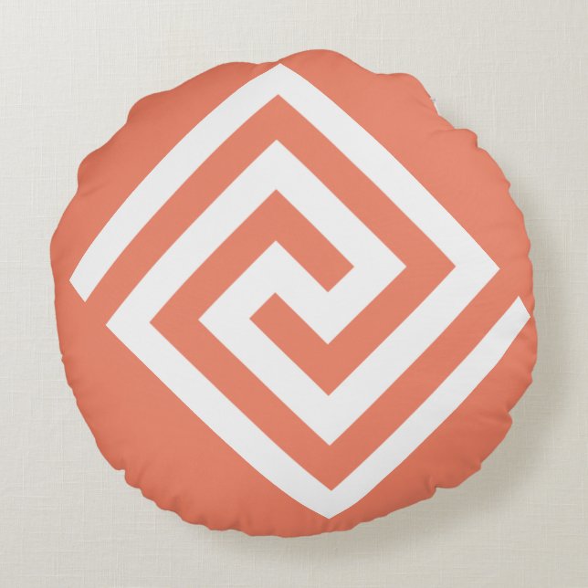 Greek Key Pattern Orange White Gift Trendy 2025 Round Cushion (Back)