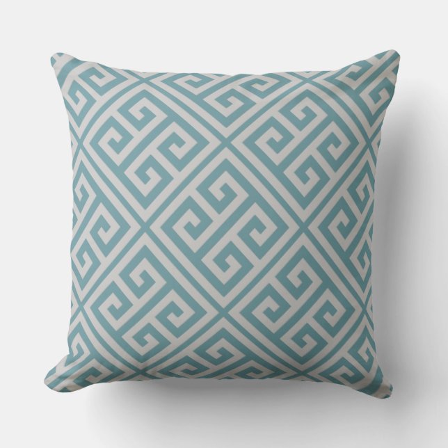 Greek Key Pattern Pillow Dusky Blue & Grey (Front)