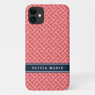 Greek Key Pattern Pink White Grey with Name iPhone 11 Case