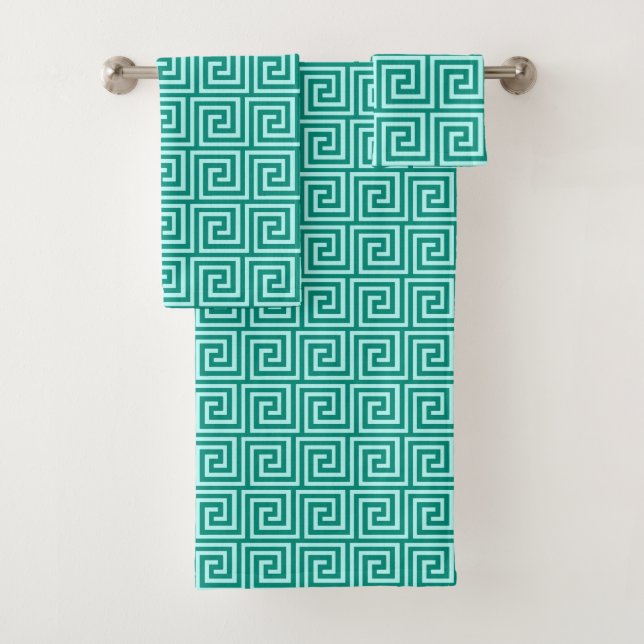 Greek Key Pattern, Turquoise and Aqua Bath Towel Set (Insitu)