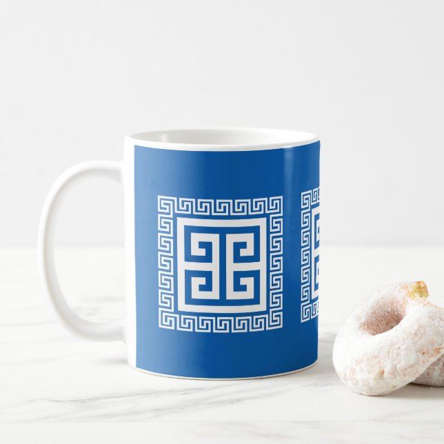 Greek Key Pattern White And Blue Design Coffee Mug (With Donut)