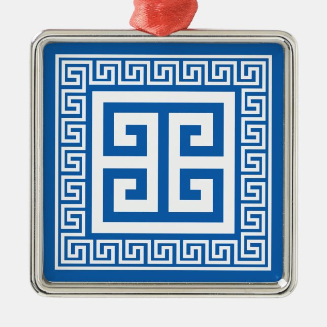 Greek Key Pattern White And Blue Metal Ornament (Front)