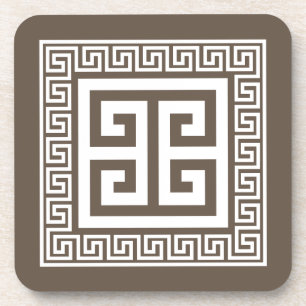 Greek Key Pattern White And Brown Design Coaster