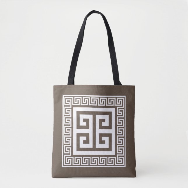 Greek Key Pattern White And Brown Design Tote Bag (Front)