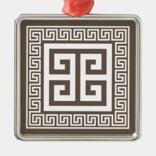 Greek Key Pattern White And Brown Metal Ornament