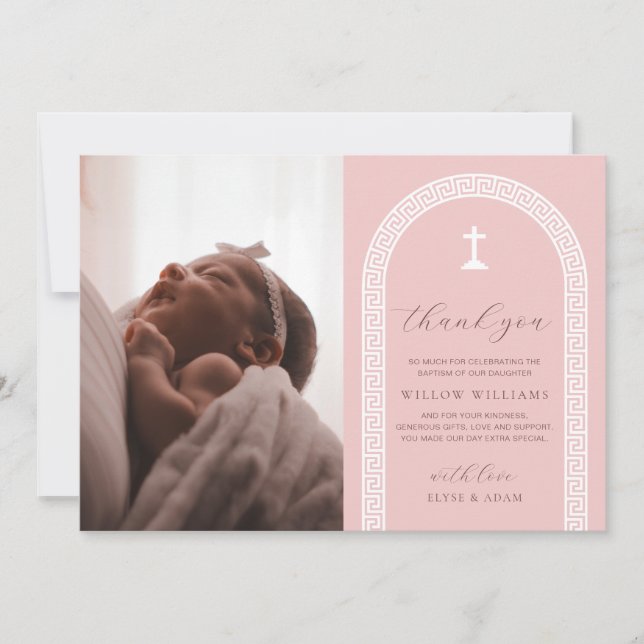 Greek Key Pink Photo Baptism Thank You Card (Front)