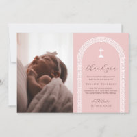Greek Key Pink Photo Baptism Thank You Card