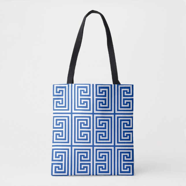 Greek Key Rectangles in Grecian Blue & White Tote Bag (Front)