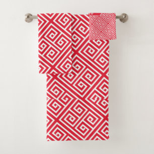 Greek Key Red White Minimal Pattern Bath Towel Set