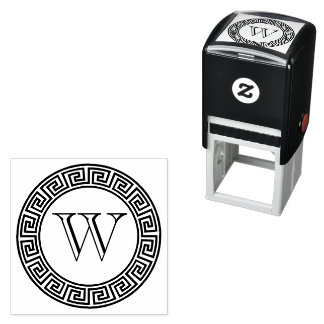 Greek Key Round Frame Border Initial Monogram Self-inking Stamp (In Situ)