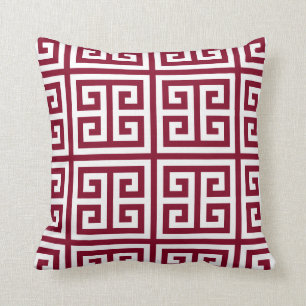 Greek Key Square Pattern White On Burgundy Cushion