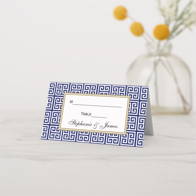 Greek Key Squares - Blue Place Card (Front)