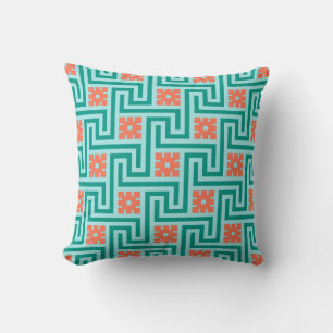 Greek Key, Turquoise, Aqua and Coral Lumbar Pillow