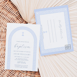 Greek Key White Blue Baptism Invitation Postcard