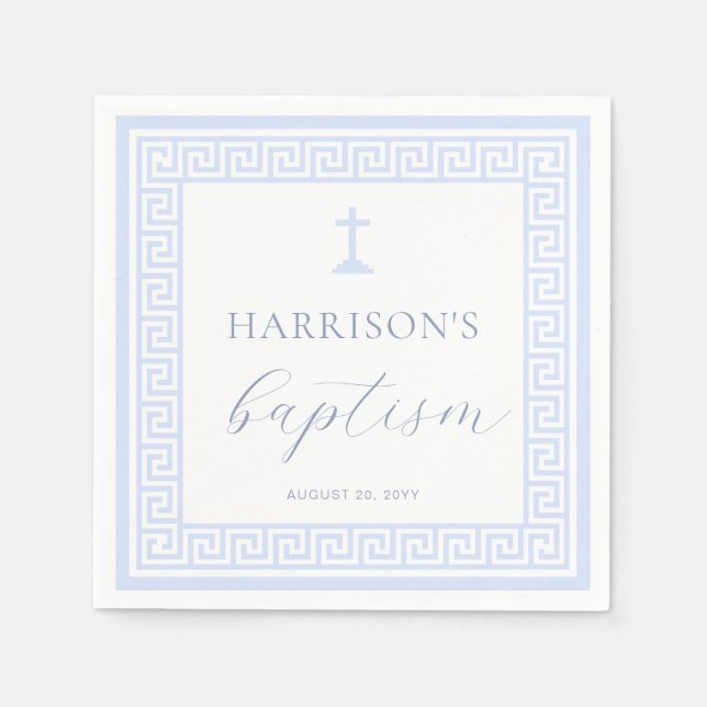 Greek Key White Blue Baptism Napkin (Front)