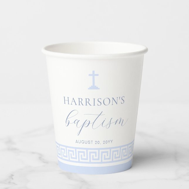 Greek Key White Blue Baptism Paper Cups (Back)