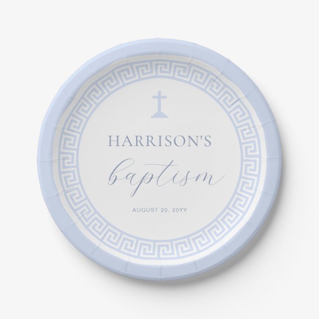 Greek Key White Blue Baptism Paper Plate (Front)