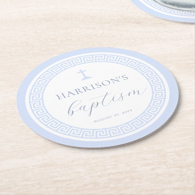 Greek Key White Blue Baptism Round Paper Coaster (Angled)
