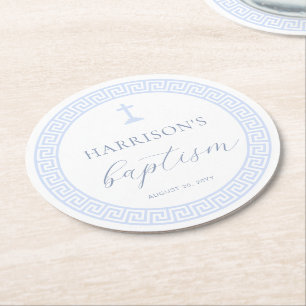 Greek Key White Blue Baptism Round Paper Coaster