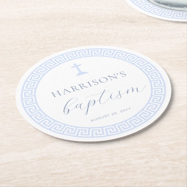Greek Key White Blue Baptism Round Paper Coaster (Angled)