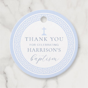 Greek Key White Blue Baptism Thank You Favour Tags