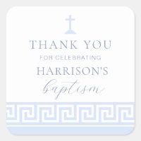 Greek Key White Blue Baptism Thank You
