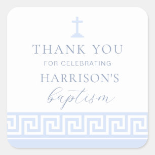 Greek Key White Blue Baptism Thank You Square Sticker