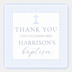 Greek Key White Blue Baptism Thank You Square Sticker