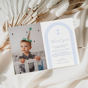 Greek Key White Blue Photo Baptism Thank You Card