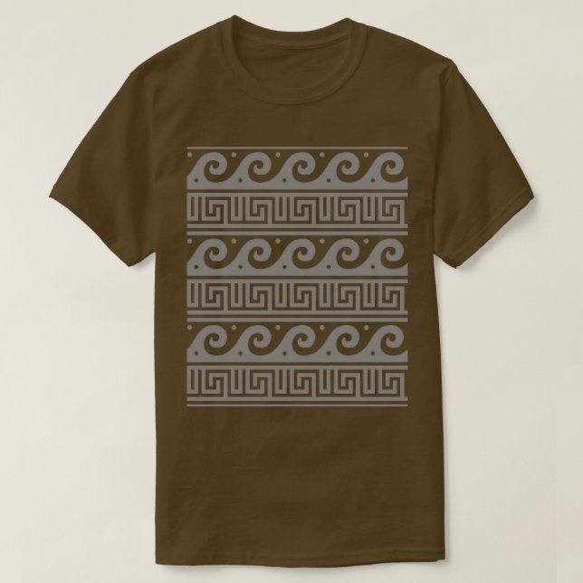 Greek Key with Waves Grey and White Pattern T-Shirt (Design Front)