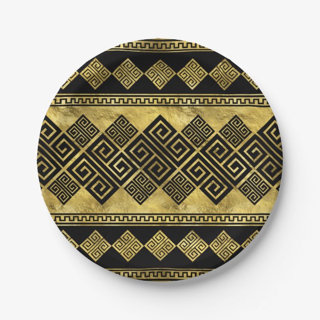 Greek Meander - Greek Key Black and gold Paper Plate (Front)