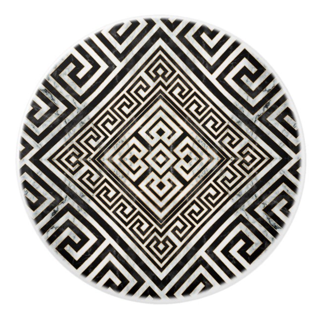 Greek Meander - Greek Key Black and White Marble Ceramic Knob (Front)