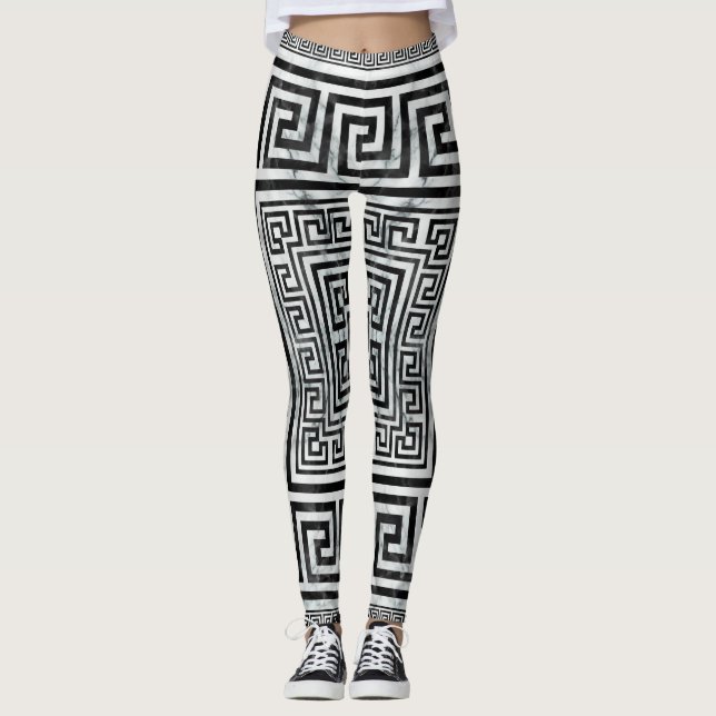Greek Meander - Greek Key Black and White Marble Leggings (Front)