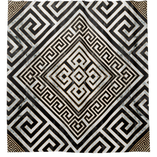 Greek Meander - Greek Key Black and White Marble Shower Curtain (Front)