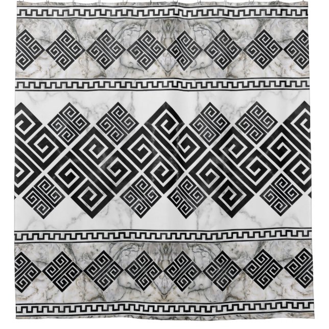 Greek Meander - Greek Key Black and White Marble Shower Curtain (Front)