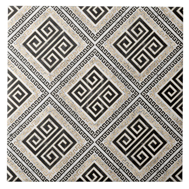 Greek Meander - Greek Key Black and White Marble Tile (Front)
