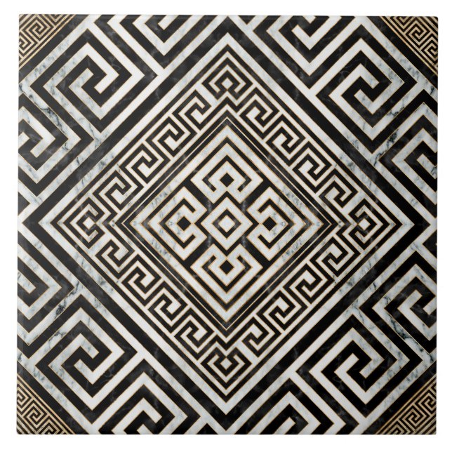 Greek Meander - Greek Key Black and White Marble Tile (Front)