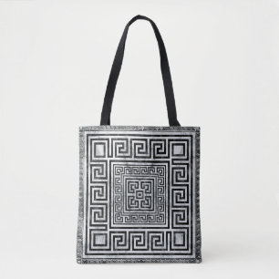 Greek Meander - Greek Key Black and White Marble Tote Bag
