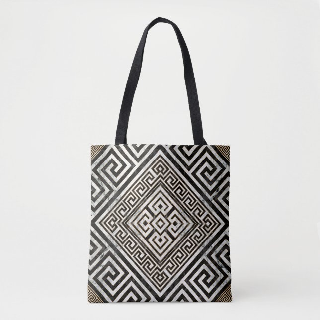 Greek Meander - Greek Key Black and White Marble Tote Bag (Front)