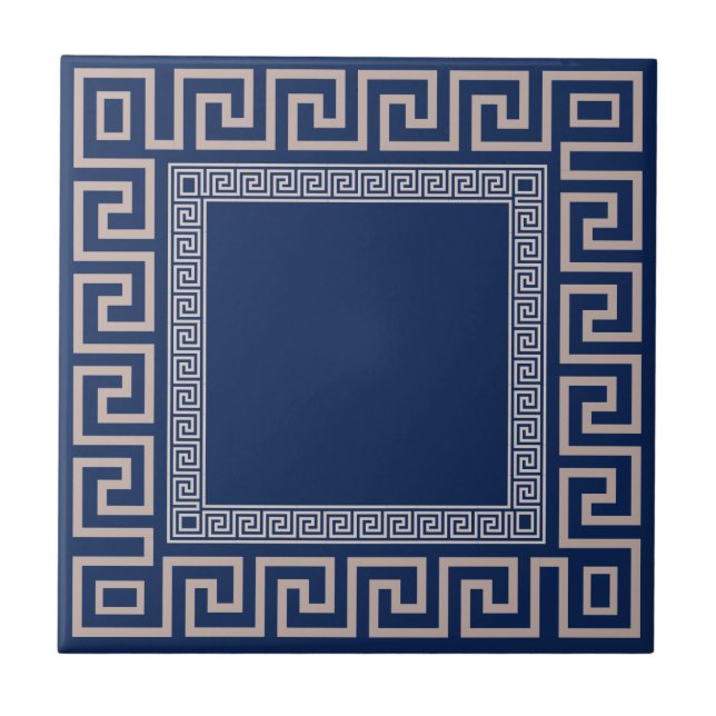 Greek Meander - Greek Key - Blue and beige Ceramic Tile (Front)
