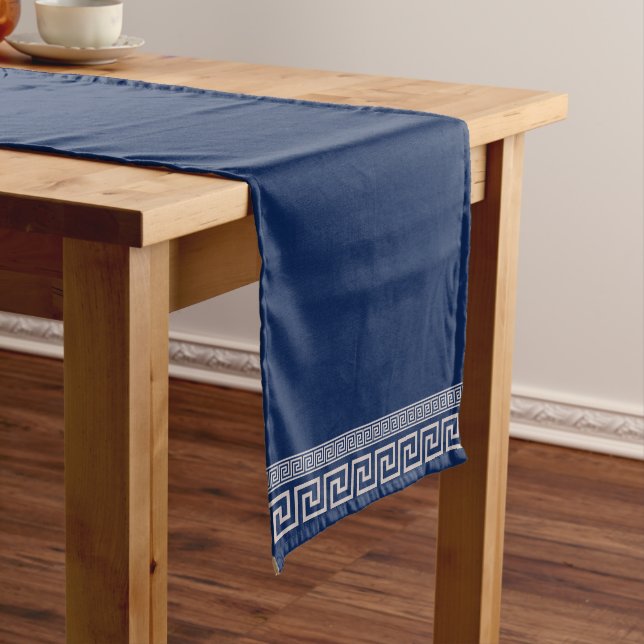 Greek Meander - Greek Key - Blue and beige Short Table Runner (In Situ)