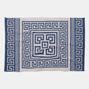 Greek Meander - Greek Key - Blue and beige Tea Towel