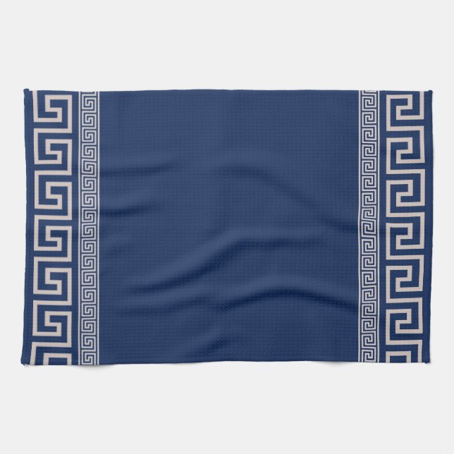 Greek Meander - Greek Key - Blue and Beige Tea Towel (Horizontal)