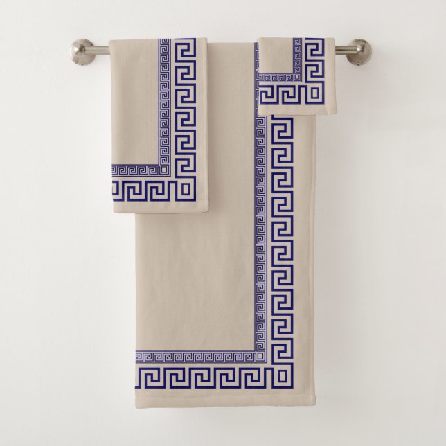 Greek Meander - Greek Key - Blue and cream Bath Towel Set (Insitu)