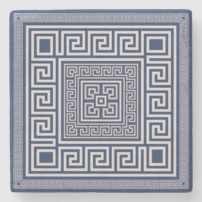 Greek Meander - Greek Key - Blue and cream Stone Coaster (Front)