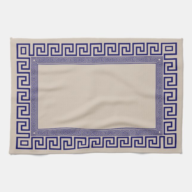 Greek Meander - Greek Key - Blue and cream  Tea Towel (Horizontal)