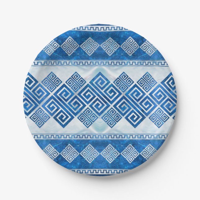 Greek Meander - Greek Key Blue gemstone and pearl Paper Plate (Front)